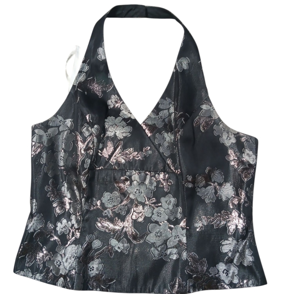 David's Bridal Floral Halter Top - Black and Silver